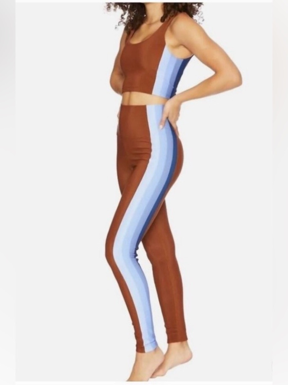 NWOT BEACH RIOT Women's Brown High-Waist Leggings with Blue Stripe